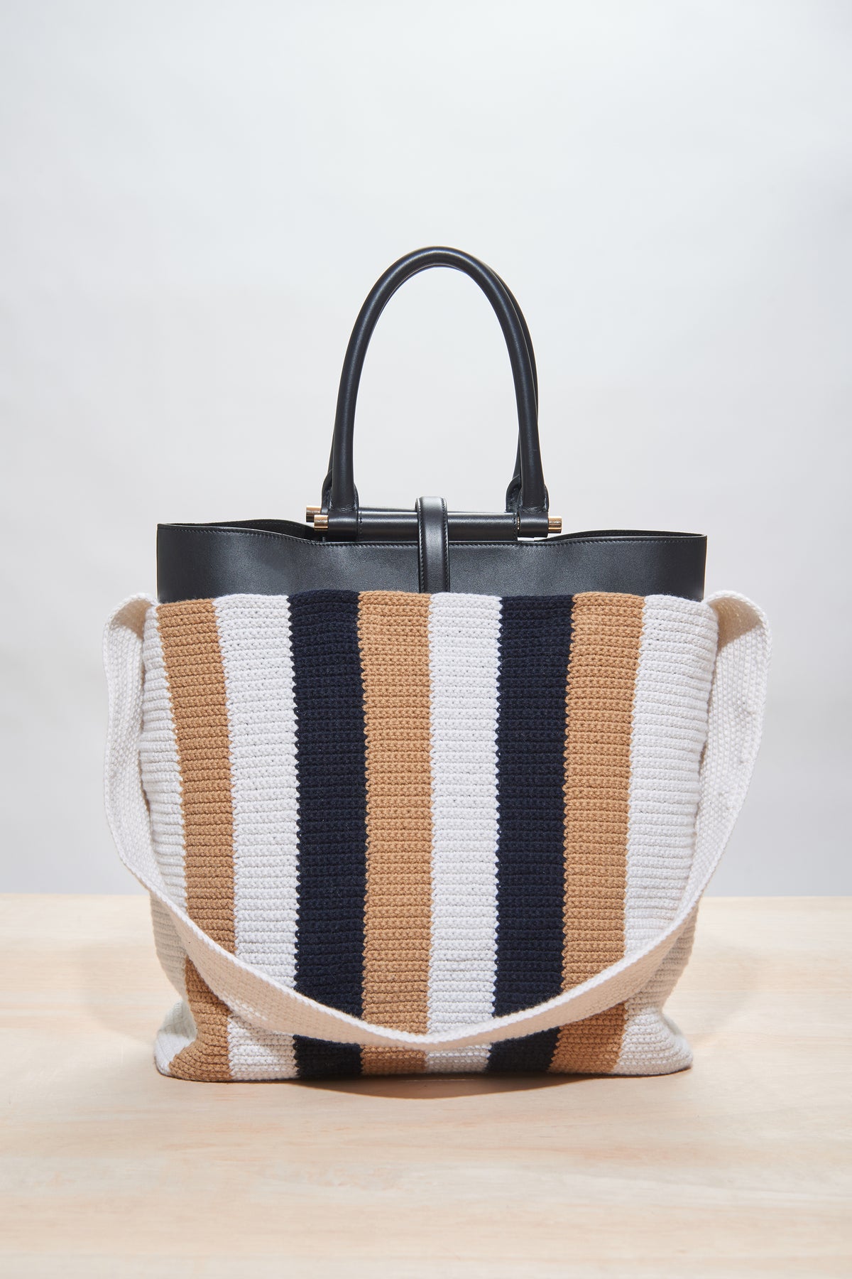 Large Crossover Knit Bag in Ivory, Black & Camel Cashmere