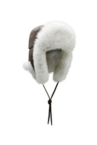 Karina Hat in Chocolate Textured Leather & White Recycled Fur