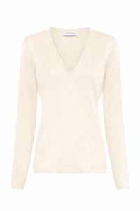 Clementia Knit V-Neck Sweater in Off White Cashmere Silk