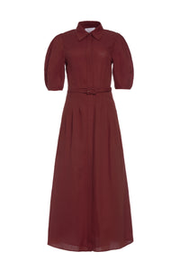 Maude Pleated Midi Shirtdress in Burnt Sienna Aloe Linen
