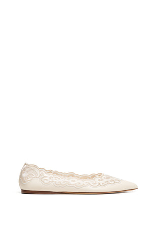 Ziva Flat Shoe in Ivory Nappa Leather and Silk Lace