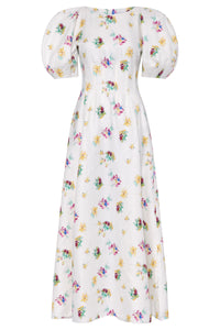 Ranya Puff Sleeve Maxi Dress in Ivory Mia's Flowers Printed Linen Twill