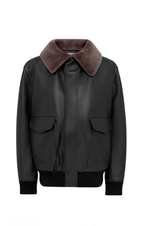 Grant Bomber Jacket in Black Leather with Shearling Collar