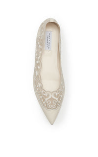 Ziva Flat Shoe in Ivory Nappa Leather and Silk Lace