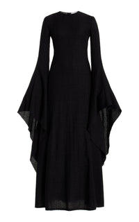 Sigrud Draped Maxi Dress in Black Wool Silk Gauze
