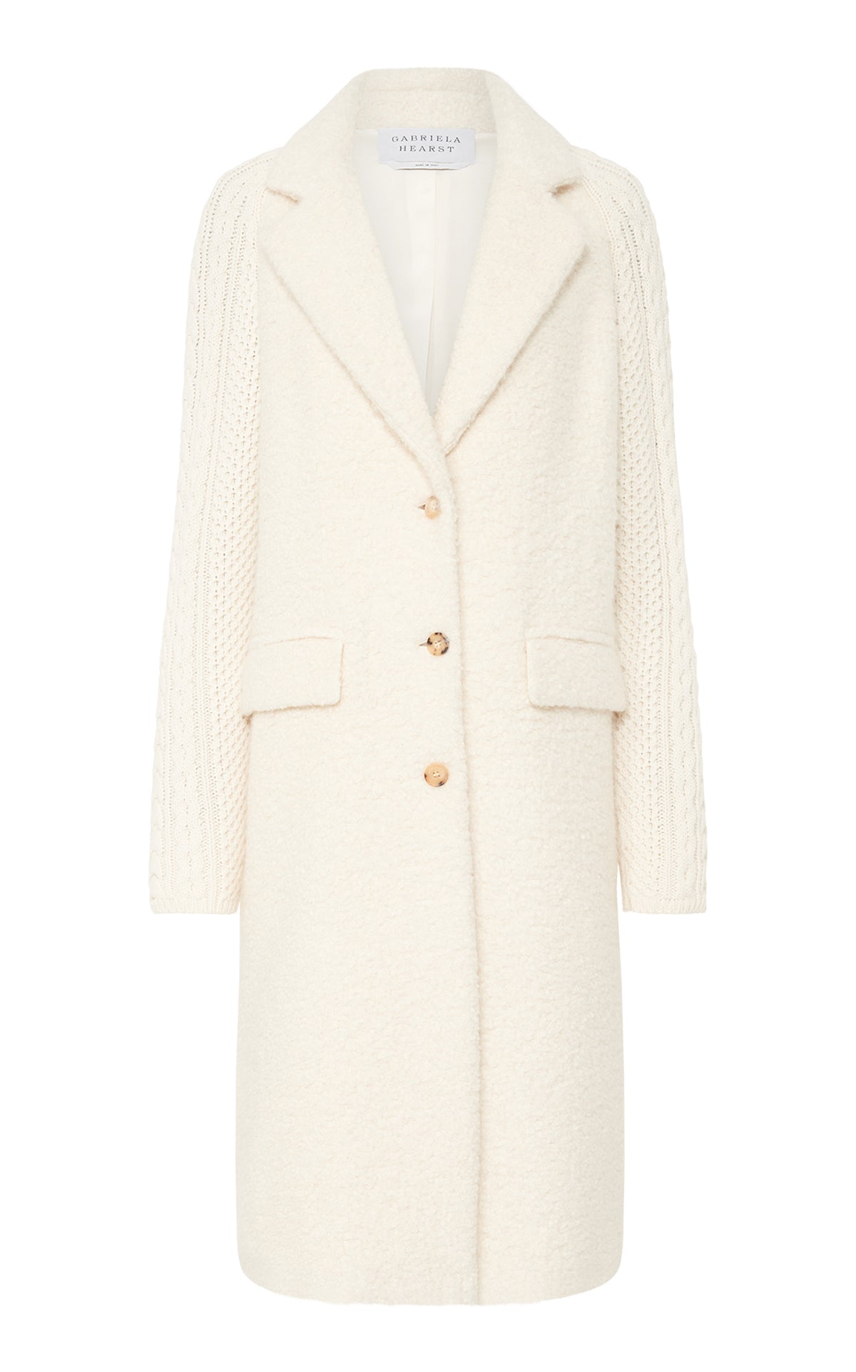 Charles Coat in Ivory Recycled Cashmere Boucle with Cable-knit Sleeves
