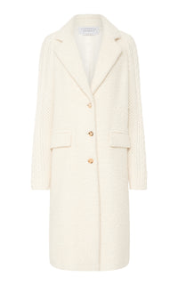 Charles Coat in Ivory Recycled Cashmere Boucle with Cable-knit Sleeves