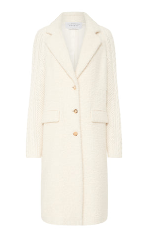 Charles Coat in Ivory Recycled Cashmere Boucle with Cable-knit Sleeves