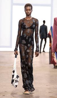 Romeo Crochet Maxi Dress in Black Merino Wool with Nappa Leather Patches