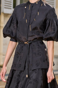 Sofia Mia's Flowers Embroidered Blouse in Black Silk Organza