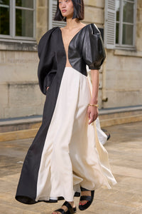 Sephir Maxi Dress In Ivory Silk Wool Cady & Black Linen Slub & Leather