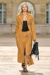 Thaniel Fringe Trench Coat in Cashew Suede with Charms