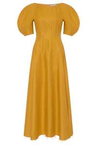 Ranya Puff Sleeve Maxi Dress in Golden Birch Linen Twill