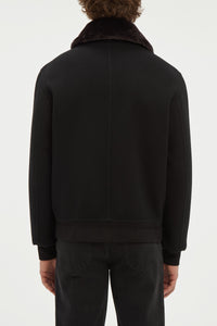 James Bomber Jacket in Black Double-face Recycled Cashmere with Shearling Collar