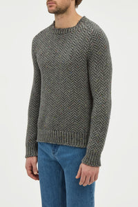 Sermo Knit Crewneck Sweater in Charcoal Multi Specked Aran Cashmere Herringbone