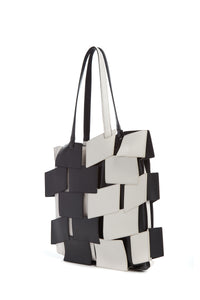 Laquered Patchwork Tote Bag in Black & Ivory Leather