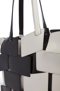 Laquered Patchwork Tote Bag in Black & Ivory Leather