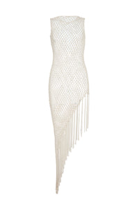 Nabia L Fringe Macrame Maxi Dress in Ivory Silk