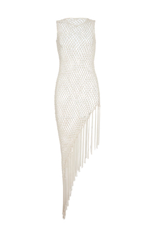 Nabia L Fringe Macrame Maxi Dress in Ivory Silk