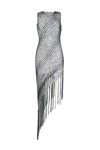 Nabia L Fringe Macrame Maxi Dress in Black Multi Silk