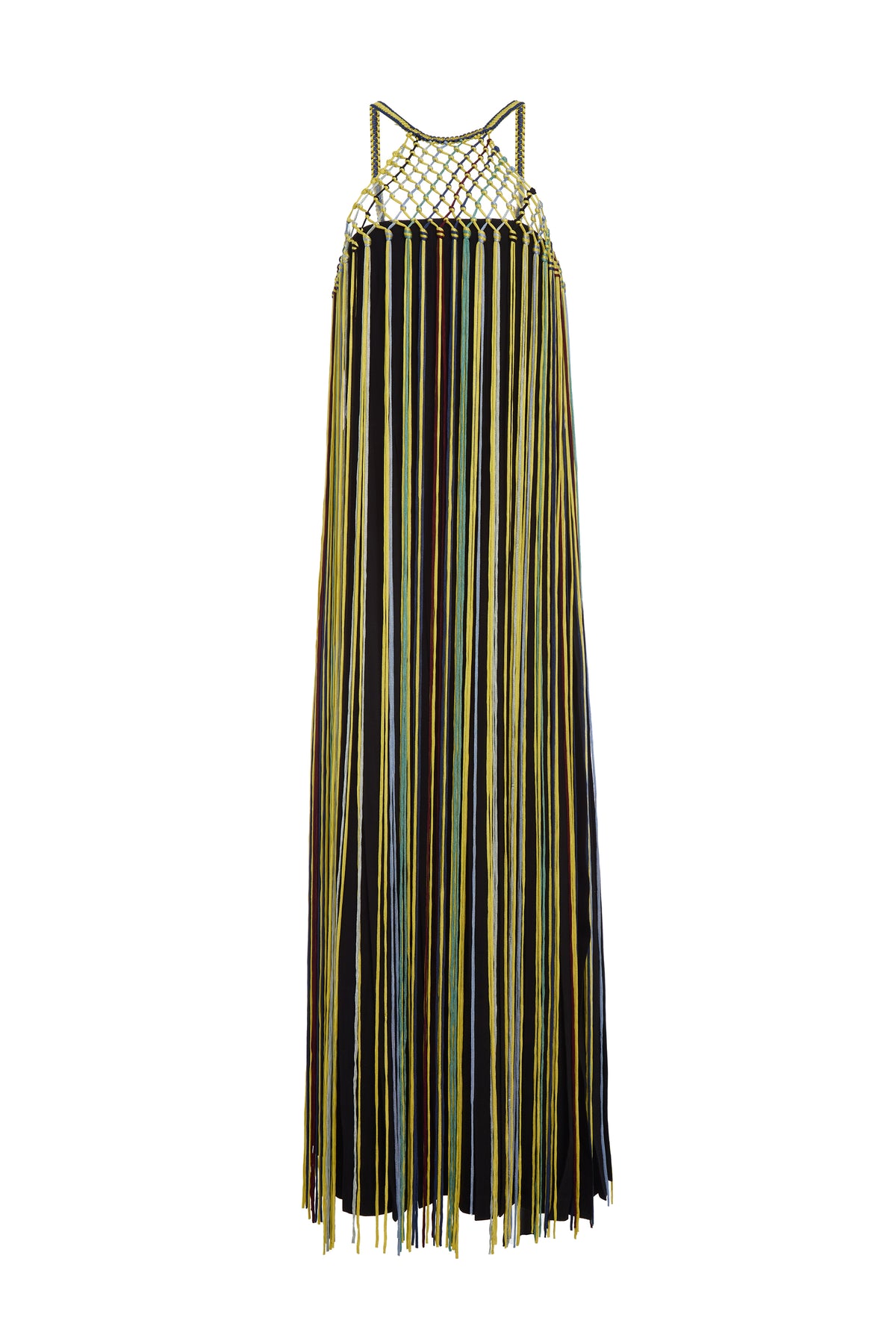 Tacia Fringe Maxi Dress in Black Multi Silk