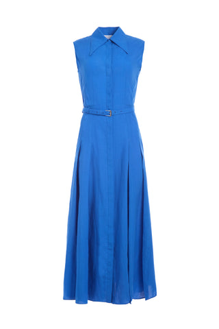Durand Pleated Maxi Shirtdress in Sapphire Aloe Linen