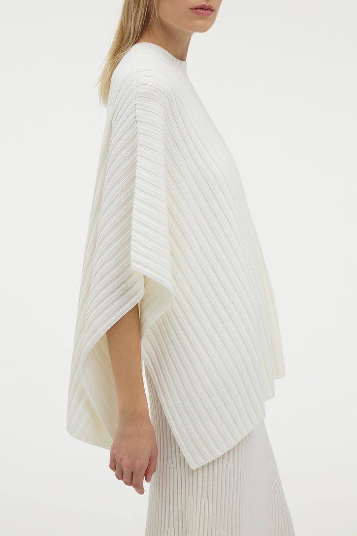 Baron Knit Cropped Poncho in Ivory Merino Wool Cashmere