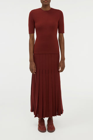 Debutante Knit Pleated Maxi Skirt in Burnt Sienna Merino Wool