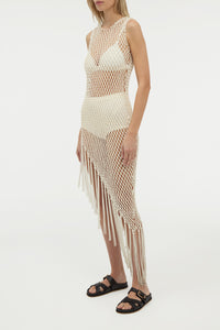 Nabia L Fringe Macrame Maxi Dress in Ivory Silk