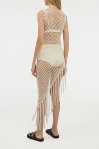 Nabia L Fringe Macrame Maxi Dress in Ivory Silk