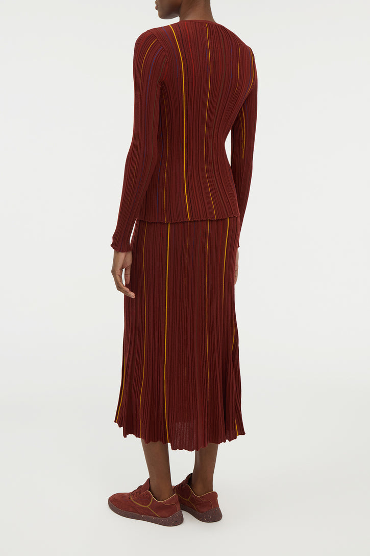 Celeano Pinstripe Knit Midi Skirt Burnt Sienna Merino Wool