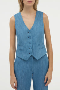 Coleridge Vest in Medium Blue Recycled Cotton Linen Denim