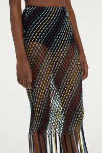 Zana Fringe Macrame Maxi Skirt in Black Multi Silk