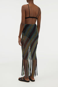 Zana Fringe Macrame Maxi Skirt in Black Multi Silk