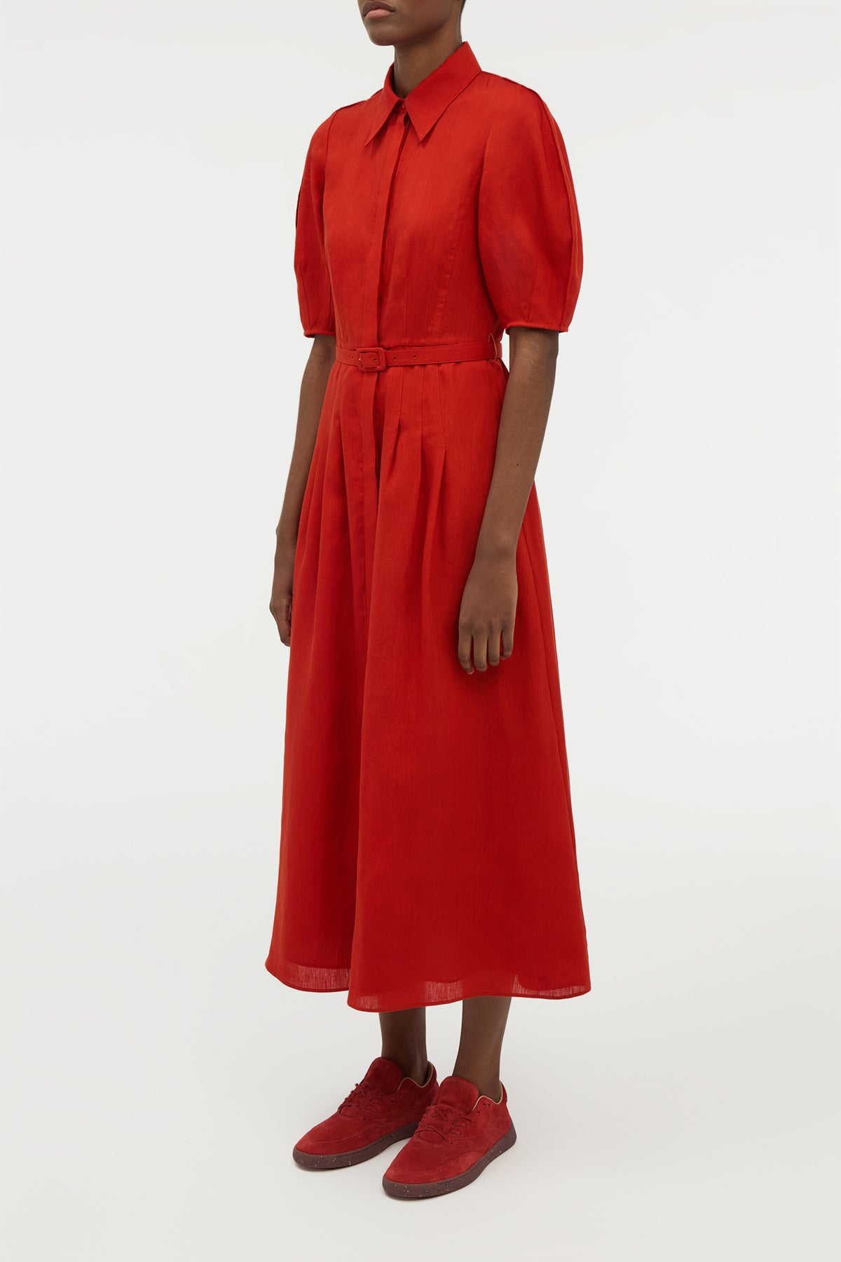 Maude Pleated Midi Shirtdress in Antelope Orange Aloe Linen