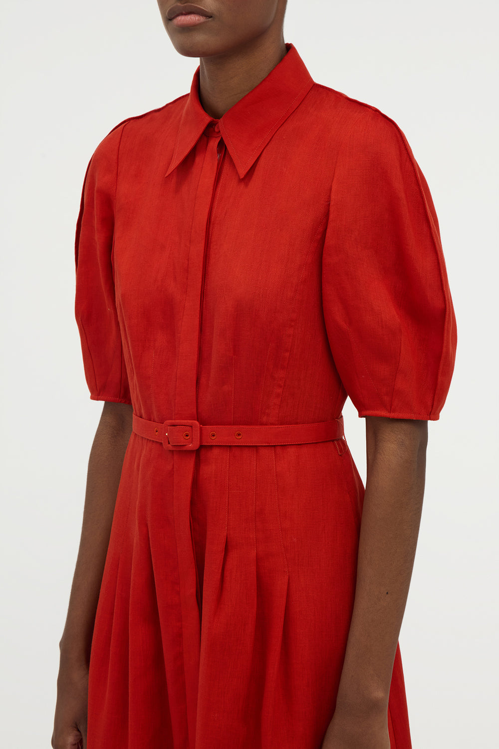 Maude Pleated Midi Shirtdress in Antelope Orange Aloe Linen