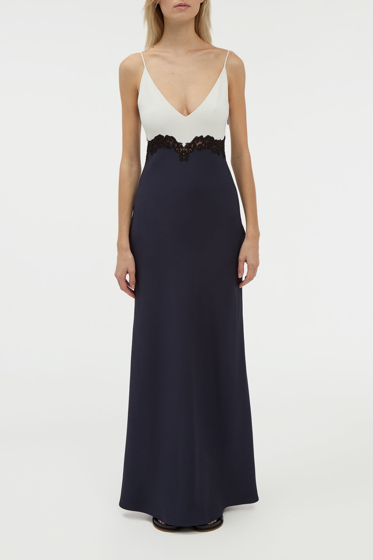 Amaryllis Lace Maxi Dress in Dark Navy Silk Wool Cady