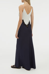 Amaryllis Lace Maxi Dress in Dark Navy Silk Wool Cady