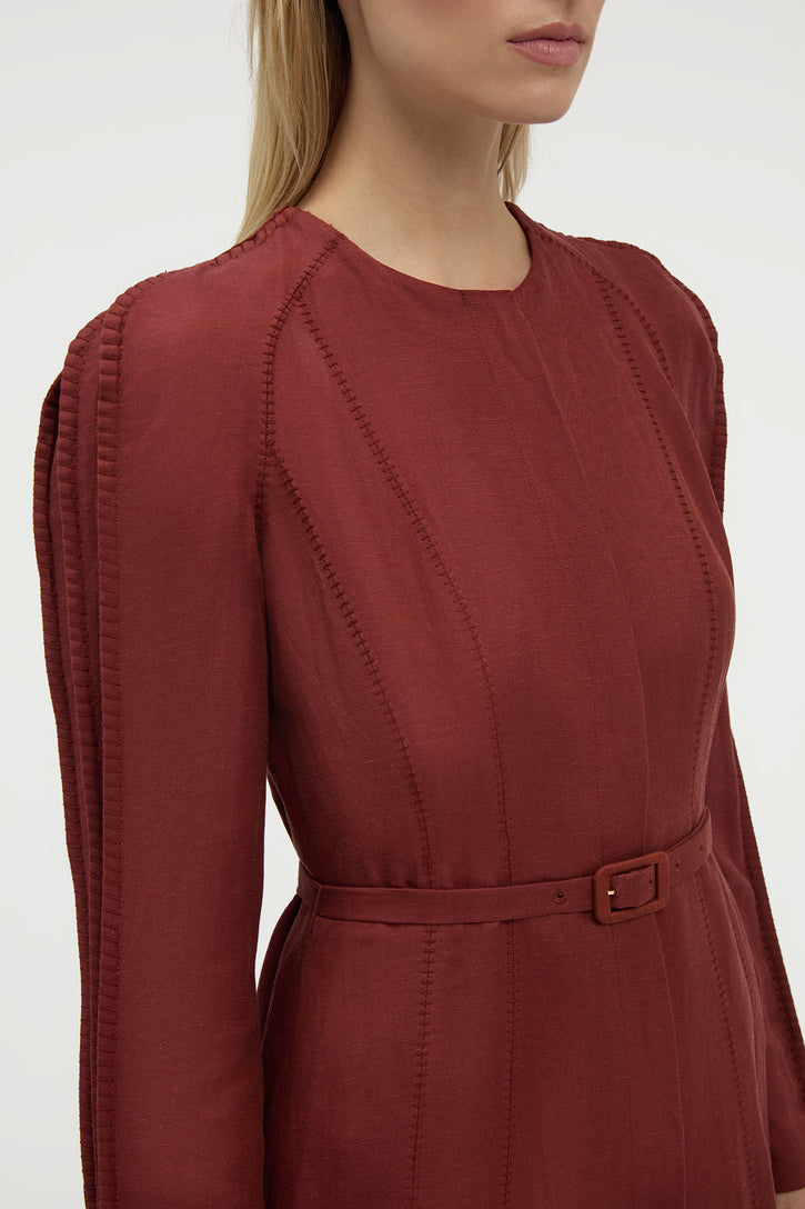 Niles Pleated Maxi Shirtdress in Burnt Sienna Linen Silk