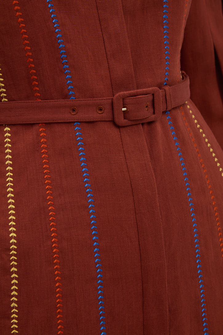 Aleka Pleated Midi Shirtdress in Burnt Sienna Multi Aloe Linen
