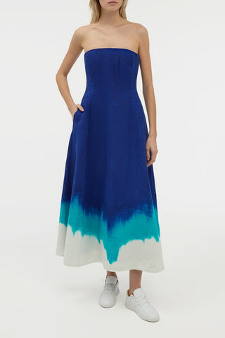 Alessia Strapless Maxi Dress in Cobalt Multi Linen Twill