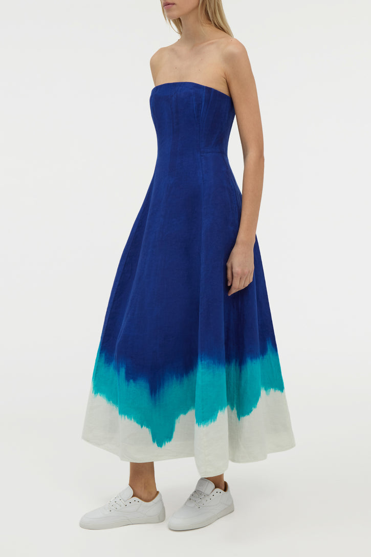 Alessia Strapless Maxi Dress in Cobalt Multi Linen Twill