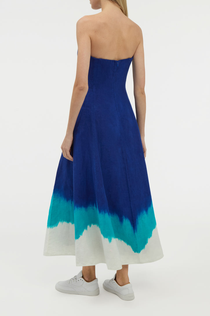 Alessia Strapless Maxi Dress in Cobalt Multi Linen Twill