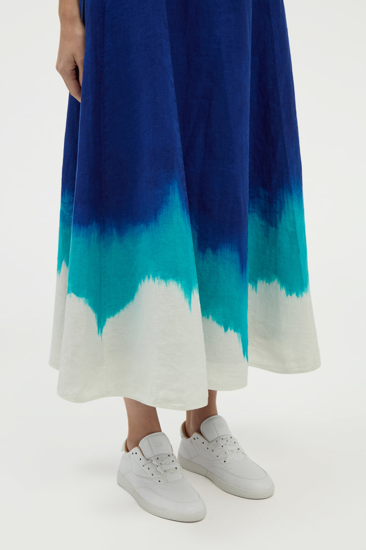 Alessia Strapless Maxi Dress in Cobalt Multi Linen Twill