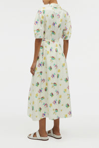 Maude Pleated Mia's Flowers Midi Shirtdress in Ivory Multi Printed Silk Twill