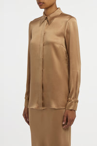Cruz Shirt in Camel Silk Satin