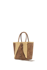 Small Marija Tote Bag in Dark Sand Suede & Raffia