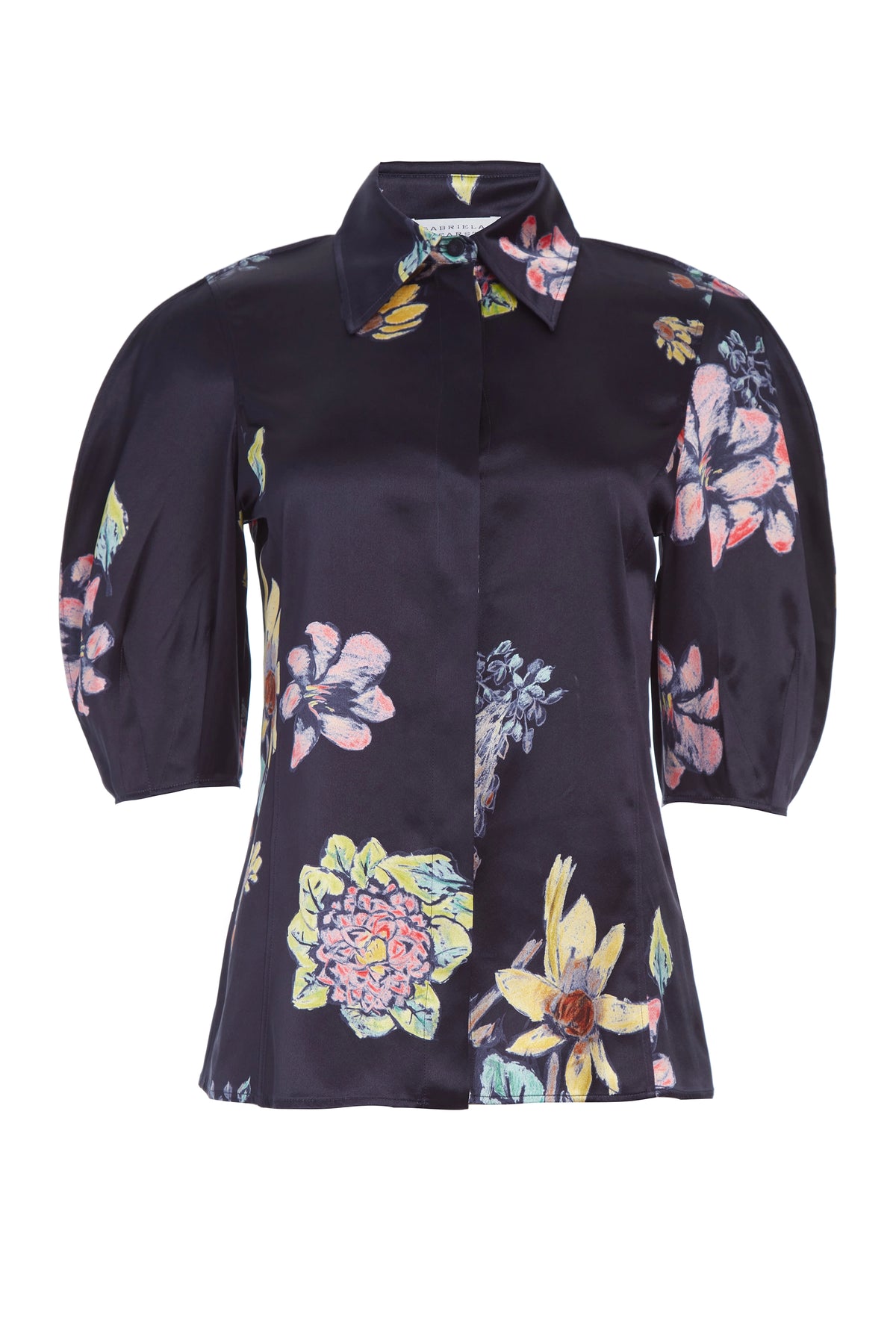 ダークネイビーのマルチプリントシルクのサンシトップ