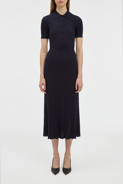 navy ribbed midi dress Gabriela Hearst Amor Polo Ribbed Cashmere Dress