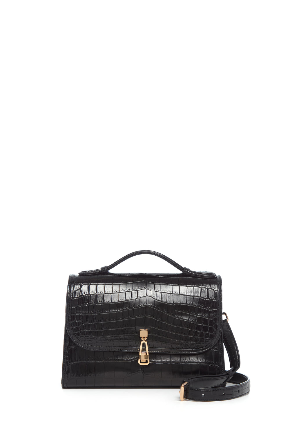 Medium Leonora Flap Bag in Black Crocodile Leather with Sunglasses Pouch